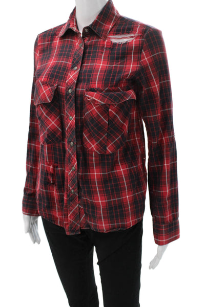 Zara Women Red Plaid Cotton Collared Button-Up Long Sleeve Basic Blouse Size S