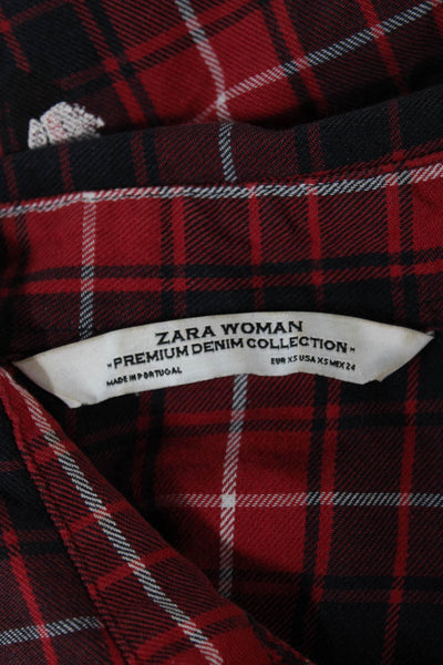 Zara Women Red Plaid Cotton Collared Button-Up Long Sleeve Basic Blouse Size S