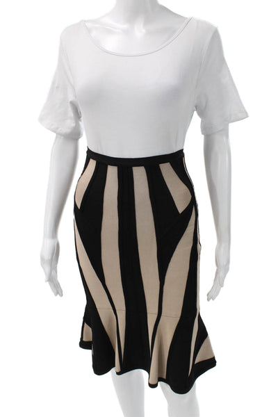 Herve Leger Women Trumpet Skirt Black Striped Rayon Zip Knee Length Size XS