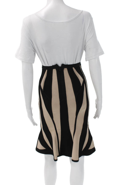 Herve Leger Women Trumpet Skirt Black Striped Rayon Zip Knee Length Size XS