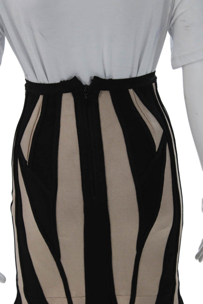 Herve Leger Women Trumpet Skirt Black Striped Rayon Zip Knee Length Size XS