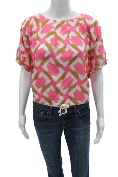 Lilla P Women Basic Pink Cotton Boat Neck Geometric Short Sleeve Blouse Size M