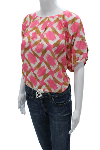 Lilla P Women Basic Pink Cotton Boat Neck Geometric Short Sleeve Blouse Size M
