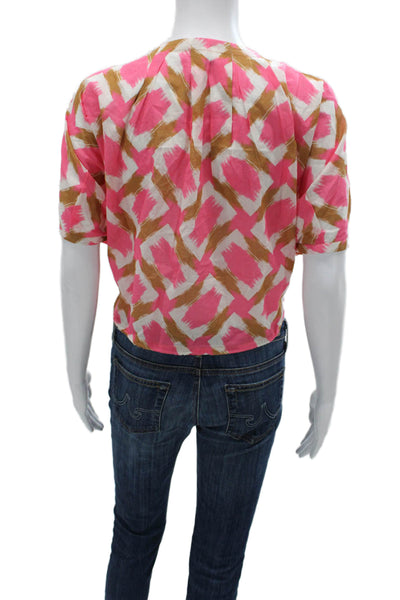 Lilla P Women Basic Pink Cotton Boat Neck Geometric Short Sleeve Blouse Size M