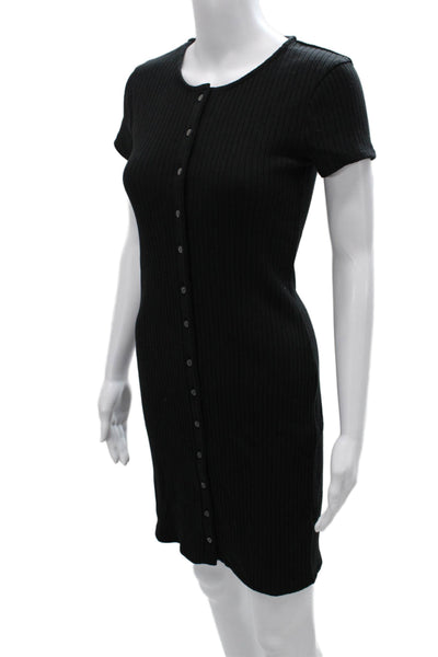 Madewell Women Bodycon Dress Black Crew Neck Button Short Sleeve Cotton Size XS