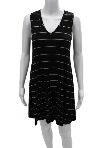 Amour Vert Women Striped V-Neck Tank Dress Black Modal Sleeveless Short Size XS