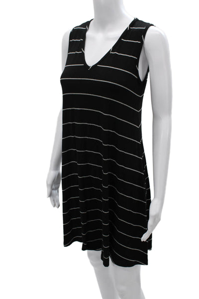 Amour Vert Women Striped V-Neck Tank Dress Black Modal Sleeveless Short Size XS