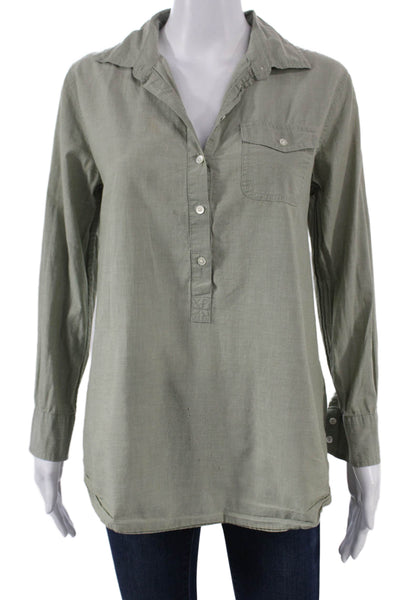 J Crew Womens Cotton Collared Tunic Blouse Green Long Sleeve Petites Size M
