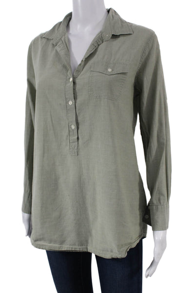 J Crew Womens Cotton Collared Tunic Blouse Green Long Sleeve Petites Size M