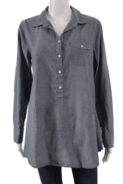 J Crew Womens Tunic Button Up Collared Long Sleeve Blue Cotton Size M
