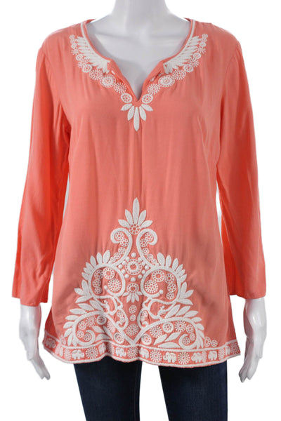 Lilly Pulitzer Womens Orange Floral VNeck Tunic Blouse Rayon Long Sleeve Size M