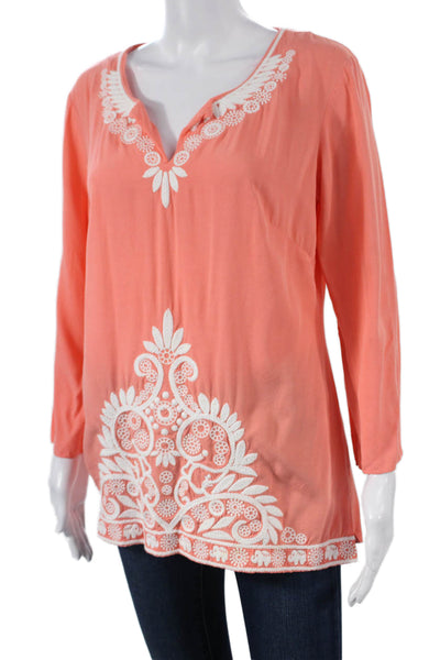 Lilly Pulitzer Womens Orange Floral VNeck Tunic Blouse Rayon Long Sleeve Size M