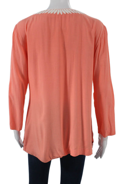 Lilly Pulitzer Womens Orange Floral VNeck Tunic Blouse Rayon Long Sleeve Size M