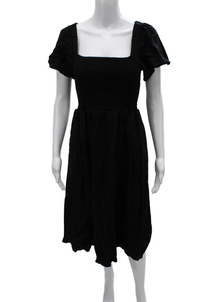 Madewell Womens Sundress Black Linen Square Neck Short Sleeve Midi Size 2XS