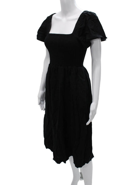 Madewell Womens Sundress Black Linen Square Neck Short Sleeve Midi Size 2XS