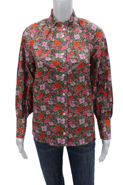J Crew Women Collared Floral Cotton Button-Up Blouse Long Sleeve Size 2
