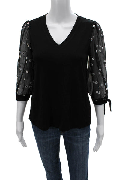 CeCe Womens Basic Floral V-Neck 3/4 Sleeve Blouse Black Size XS
