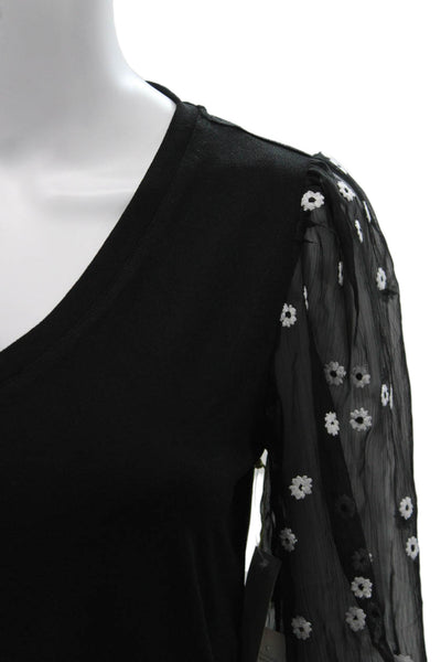 CeCe Womens Basic Floral V-Neck 3/4 Sleeve Blouse Black Size XS
