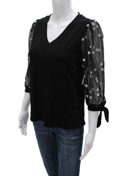 CeCe Womens Basic Floral V-Neck 3/4 Sleeve Blouse Black Size XS