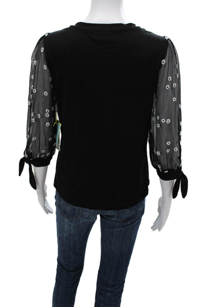 CeCe Womens Basic Floral V-Neck 3/4 Sleeve Blouse Black Size XS
