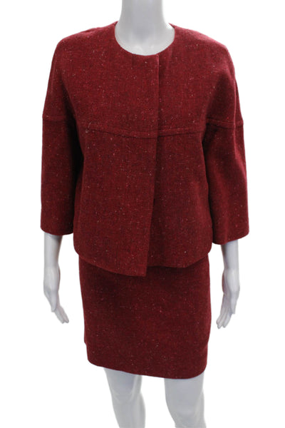 Akris Punto Women Red Flecked Skirt Suit 3/4 Sleeve Button Polyester Size 8