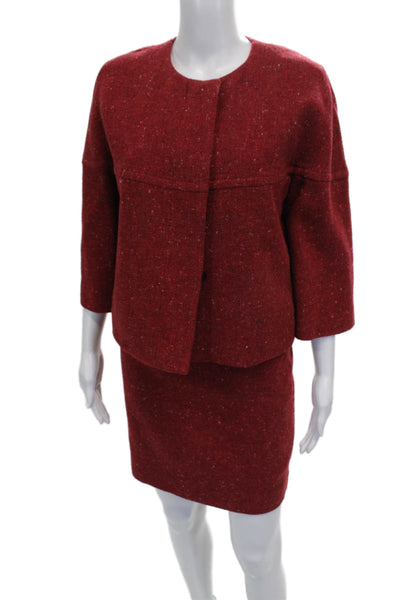 Akris Punto Women Red Flecked Skirt Suit 3/4 Sleeve Button Polyester Size 8
