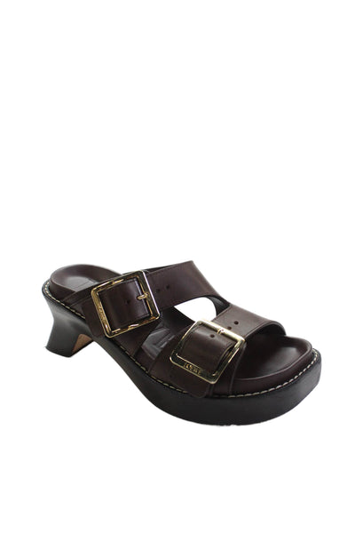 Loewe Womens Ease Buckled Square Toe Heeled Mule Sandals Brown Size 6