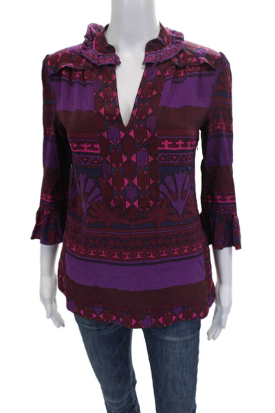 Tory Burch Women Tunic Blouse Silk V-Neck 3/4 Sleeve Multicolor Size 4