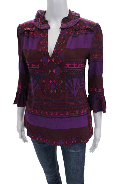 Tory Burch Women Tunic Blouse Silk V-Neck 3/4 Sleeve Multicolor Size 4