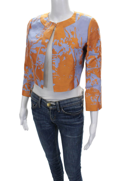 Lafayette 148 New York Women Orange Floral Basic Jacket 3/4 Sleeve Size 0