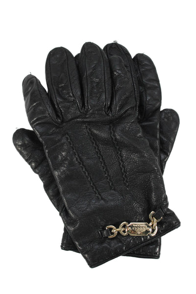 Gucci Women's Leather Gold Tone Chain Hardware Gloves Black One Size