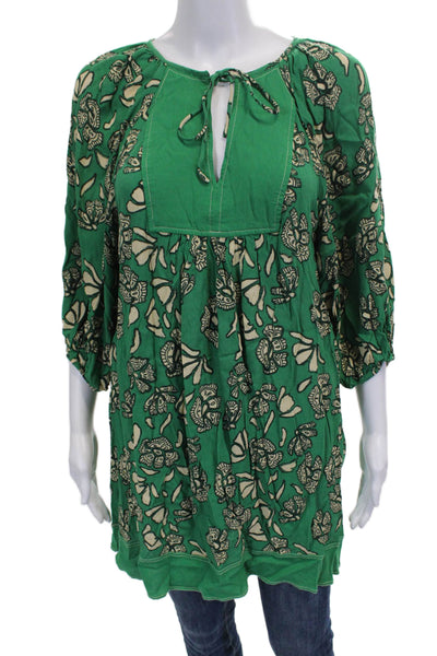 Ba&Sh Womens V-Neck Floral Viscose Tunic 3/4 Sleeve Tie Green Size S