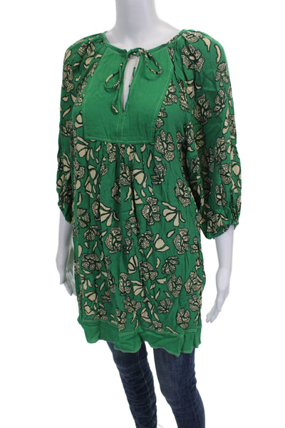 Ba&Sh Womens V-Neck Floral Viscose Tunic 3/4 Sleeve Tie Green Size S