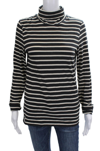 J Crew Women Striped Black Cotton Long Sleeve Turtleneck T-Shirt Basic Size S