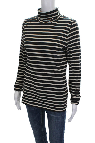J Crew Women Striped Black Cotton Long Sleeve Turtleneck T-Shirt Basic Size S