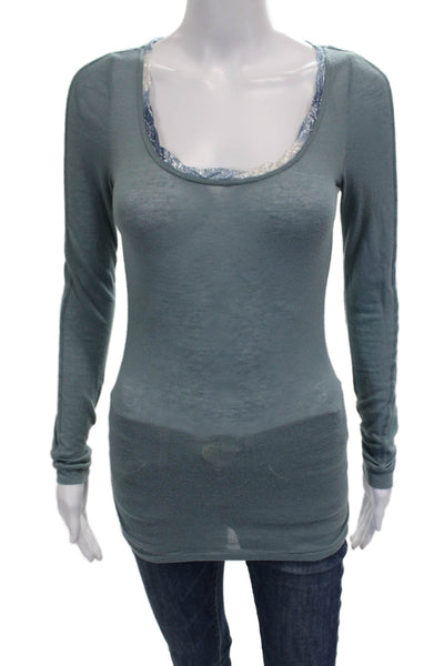 Free People Womens Basic Scoop Neck Long Sleeve T-Shirt Blue Rayon Size S