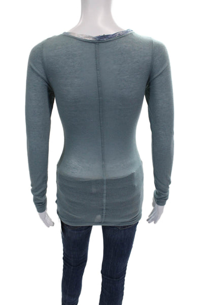 Free People Womens Basic Scoop Neck Long Sleeve T-Shirt Blue Rayon Size S