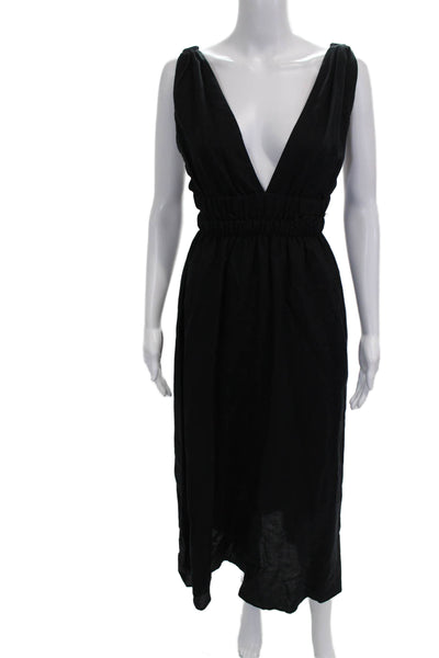 Zara Women Maxi Linen V-Neck Sleeveless Black Dress Pullover Size XS
