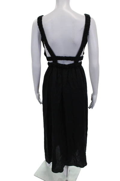Zara Women Maxi Linen V-Neck Sleeveless Black Dress Pullover Size XS