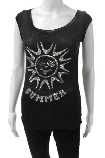 Iisli Womens Basic Scoop Neck Black Polyester T-Shirt Size PP