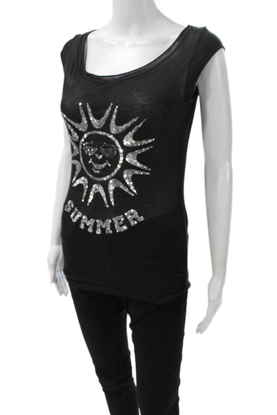 Iisli Womens Basic Scoop Neck Black Polyester T-Shirt Size PP