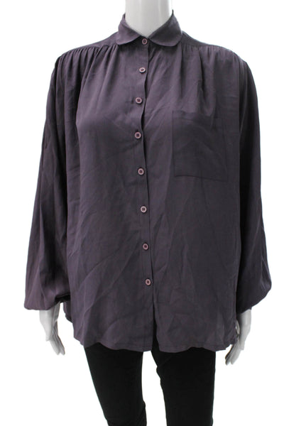 Cygne Women Basic Purple Collared Long Sleeve Polyester Blend Blouse Size S
