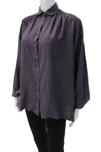 Cygne Women Basic Purple Collared Long Sleeve Polyester Blend Blouse Size S