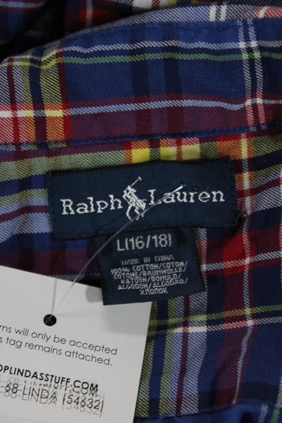 Ralph Lauren Teens Blue Plaid Collared Button-Up Cotton Long Sleeve Size L