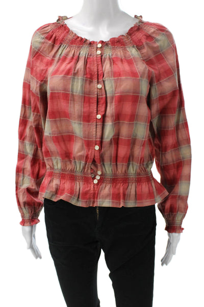 Lauren Ralph Lauren Women Red Plaid Off Shoulder Blouse Longsleeve Size M