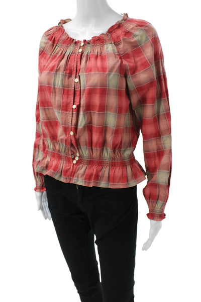 Lauren Ralph Lauren Women Red Plaid Off Shoulder Blouse Longsleeve Size M
