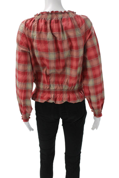 Lauren Ralph Lauren Women Red Plaid Off Shoulder Blouse Longsleeve Size M