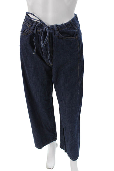 Zara Women Straight Jeans High Rise Blue 100% Cotton Drawstring Size 4