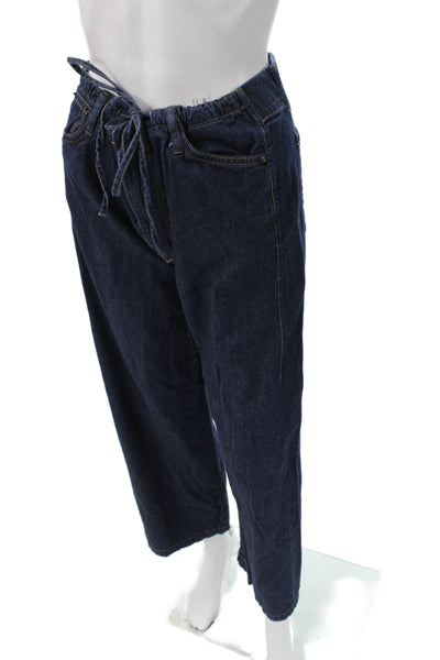 Zara Women Straight Jeans High Rise Blue 100% Cotton Drawstring Size 4