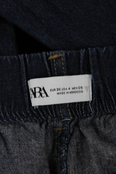 Zara Women Straight Jeans High Rise Blue 100% Cotton Drawstring Size 4